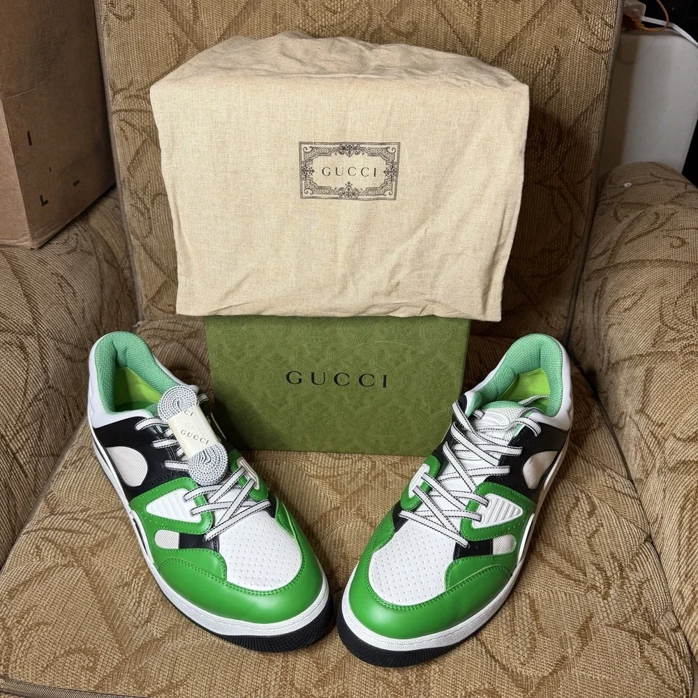 GUCCI Sneakers Men's UK 15 Basket Style Low Top Shoes Green White DEMETRA $950